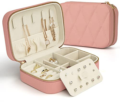 KAMIER Kleine Schmuckkästchen für Damen, Reise Schmuckbox PU Leder Schmuckschatulle für Ohrringe, Ringe, Halsketten, niedliche Schmucketui Reise für Frauen, Männer, Mädchen, Rosa