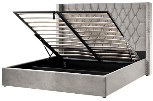 Beliani Polsterbett Samtstoff hohes Kopfteil helles Grau 180 x 200 cm Bettkasten Lubbon