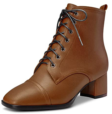 Saekcted Donna Chunky Blocco Basso Gattini Tacco Heel Quadrata Punta Stivaletti Lacci Cerniera Stivali Marrone 45 EU