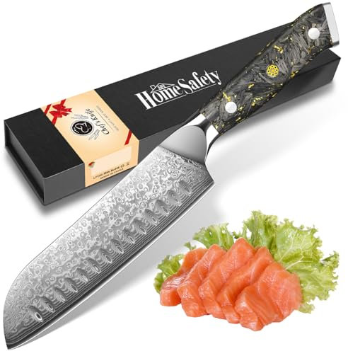Home Safety Santoku Messer Damast - Damastmesser Profi Kochmesser I extra Scharfes 17.8cm Klinge aus 67 Lagen VG-10 Damaststahl I Damast Küchenmesser, Geschenkbox