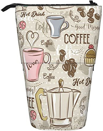 WICRON Telescopic Pencil Case,Vintage Espresso Machine Cupcakes Beans Printing Stand Pencil Holder with Zipper Makeup Bag Pencil Pouch Pen Bag