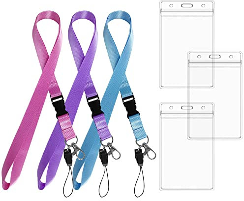 3 stück Schnellverschluss-Lanyard, mit 3 Stück wasserdichtem ID-Kartenhalter, drehbarem Schnallen-Lanyard, farbigem Nylon-Lanyard, Bürozubehör, geeignet für Firmen und Ausstellungen