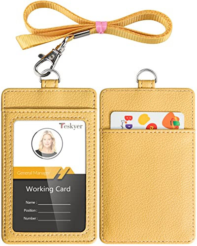 Teskyer Porte Badge, Porte Badge Tour de Cou, 2 Emplacements pour Cartes, en Cuir PU, avec Effacer la Fenêtre Longe en Nylon, Jaune