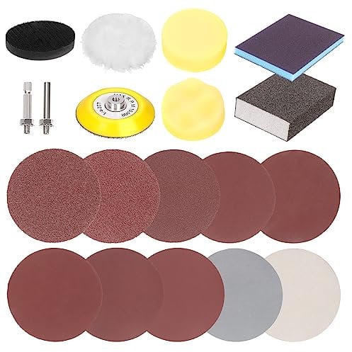 Glarks Lot de 109 disques abrasifs de 7,6 cm, grain 80-5000, papier abrasif humide et sec avec plaque de support de tige de 6,35 mm et tampon en mousse souple pour meuleuse