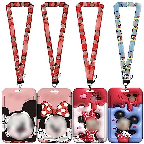Babioms 4Pcs Micky Minni Lanyard, Micky Porte Badges avec Lanière, Dessin Animé Lanière, pour Carte D'Identité, Clés, Carte de Bus, Fournitures Scolaires de Bureau