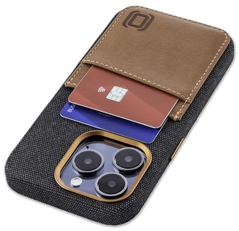 Dockem Fabric Card Case for iPhone 15 Pro with Built-in Metal Plate for Magnetic Mounting, Stitched-on Genuine Leather Wallet with 2 Credit Card/ID Slots: M2F 15 Pro [Grey w/Light Brown]