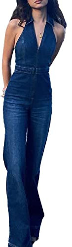 xxxiticat Damen Sexy Ärmellos Nachtclub Denim Overall Strampler Hose Einteiliger dehnbarer Strampler mit Tasche(BE,S)