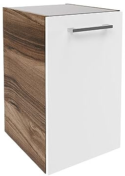 FACKELMANN Hängender Unterschrank Verona – Premium-Qualität Made in Germany – Badunterschrank in Nussbaum-Optik & Weiß-Hochglanz – 35 x 57,5 x 39,7 cm Linksanschlag