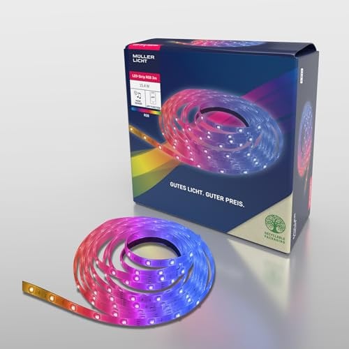 Müller-Licht Indoor LED-Strip RGB mit music sensor mit WLAN, per TUYA Smartphone-App steuerbar, 3 meter, individuell kürzbar, selbstklebend