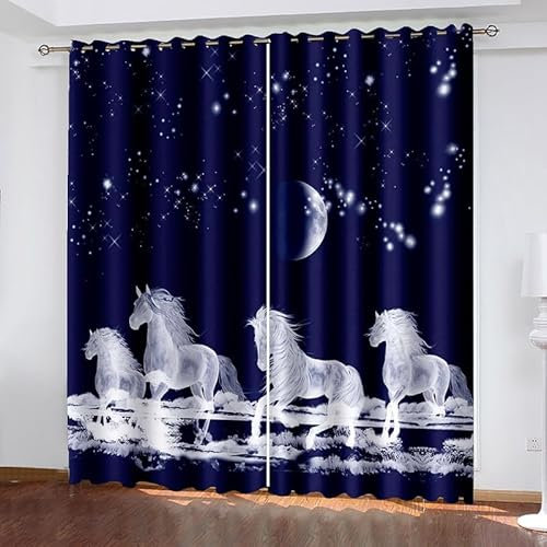 loyaltyer Gardinen Blau, Pferd Vorhang 3D Weicher Blickdichte Vorhänge Thermovorhang Kälteschutz Schlaufenschal 2er Set mit Ösen für Schlafzimmer Wohnzimmer Kinderzimmer, 245x140 cm(HxB)