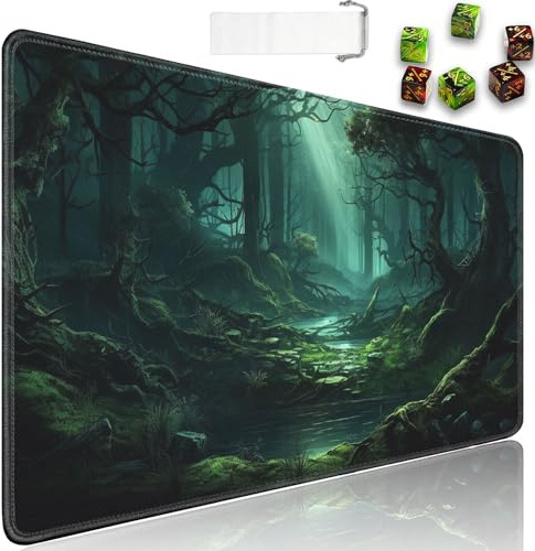 JVGFYNKL MTG Spielmatte + Reisetasche mit Kordelzug + 6 Würfelzähler, für Tisch-Sammelkartenspiel-Spielmatten oder großes Mauspad, rutschfestes Gummi, 61 x 35,6 cm, Green Forest TCG Playmat