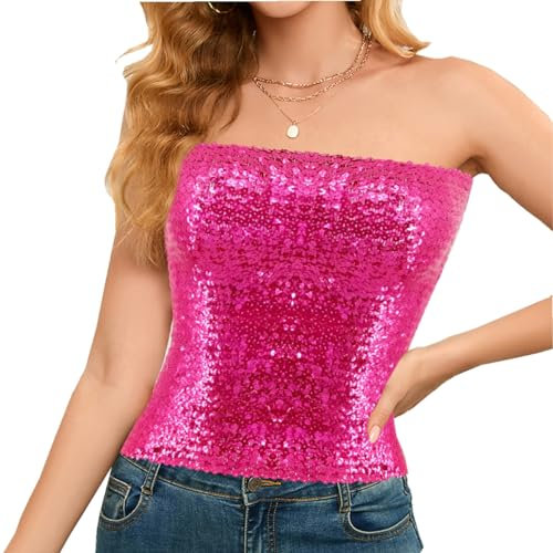 Segreto Damen Glitzer Pailletten Tube Top Sexy Ärmellos Y2K Bandeau Top Meerjungfrauen Trägerlos Lange Crop Top Rosa Rot