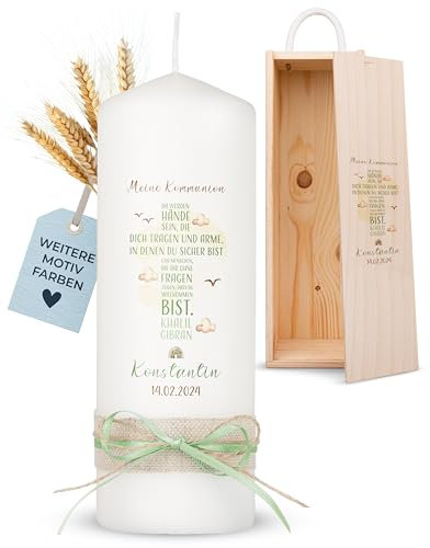 AMARI ® Kommunionkerze personalisiert Kreuz Schrift (002.08.02) H:20cm/⌀:7cm - Kerze Kommunion - Kommunionkerze Junge/Mädchen - Kommunionkerze selbst gestalten - Kommunionkerze personalisiert