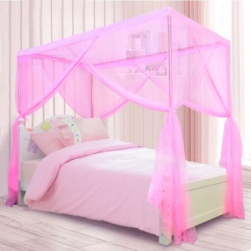 South to East Prinzessin Baldachin Bettvorhänge für Mädchen Kinderbett Baldachin für Mädchen 4 Ecke Bettvorhänge Prinzessin Bettvorhang für Mädchen Zimmer Dekor Twin Größe Rosa, 200 * 100 * 190cm