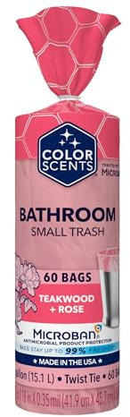 Color Scents Small Bin Liners - 1.2L 60 Bags (1 Pack of 60) Twist Tie - Pink Teak Bags + Rose Scented with Microban
