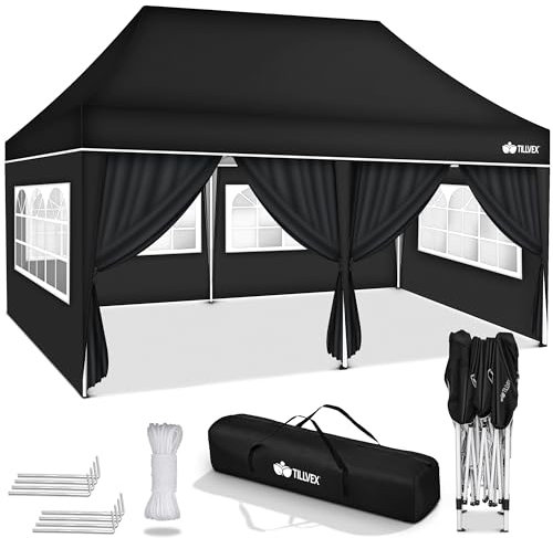 tillvex Pavillon 3x6m wasserdicht | Pop-Up Faltpavillon höhenverstellbar | Gartenzelt UV Schutz 50+ | Partyzelt mit Tasche für Garten (Schwarz - mit 6 Seitenteilen)