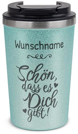 Tassendruck Glitzer To-Go Thermobecher mit Name personalisiert Schön, dass es dich gibt Geschenke für Freundinnen | Nachhaltig, Edelstahl doppelwandig, inkl. Deckel, Blau, 350 ml