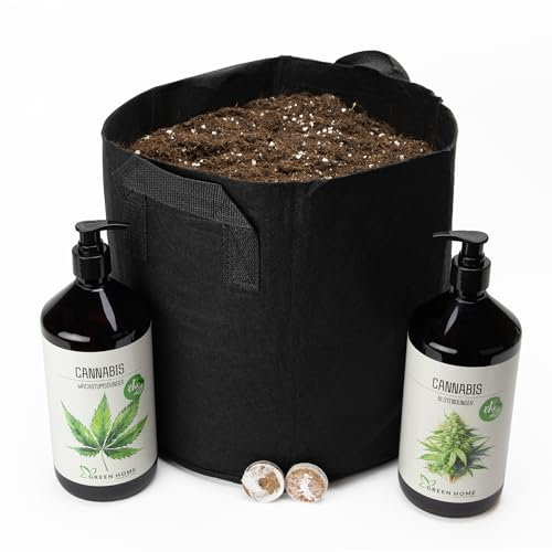 Green Home Pflanzsack, 18L Cannabis Erde + 2 Quelltöpfen + Cannabis Dünger Set – Cannabis Anbau Set für Hanf, Tomaten und Kräuter | Wiederverwendbar. Für Wachstum & Blüte optimiert