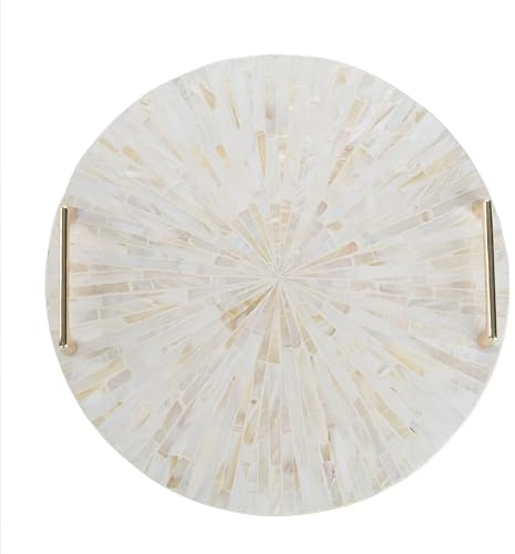 PEMAR Mother of Pearl Decorative Tray, 13 Round with Gold Metal Handles, Vanity/Perfume/Trinket Tray, Catchall for Dresser, Bathroom, Vanity Table (White Sunlight)