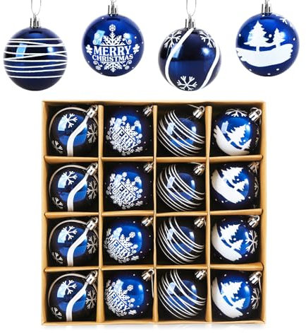 Anstore 16pcs Navy Blue Christmas Baubles - 6cm Shatterproof Hanging Baubles Set in 4 Styles for Retro Vintage Decorations
