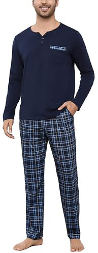Bresdk Schlafanzug Herren Pyjama Set Lang Baumwolle Winter Nachtwäsche Männer Blau L
