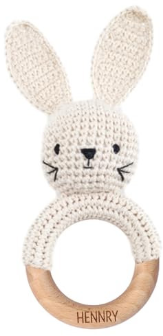 NGTSFLY Personalisierte Geschenke Baby - Personalisierter Beißring Baby aus Holz - Greifling Personalisiert Babyrassel mit Name, Geschenk zur Geburt Junge und Mädchen (lächelnder Hase)