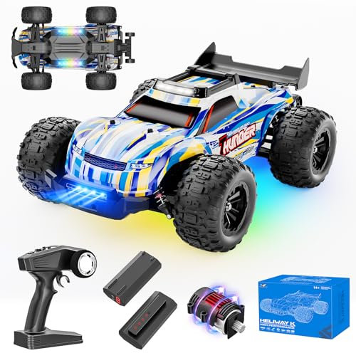 EVARY Ferngesteuertes Auto 1:16 Bürstenloser Motor 60+ km/h, 4WD RC Monstertruck mit Farbiges Licht, 2 Akku, 2.4-GHz All-Terrain Rennauto, Crawler Spielzeug Geschenk für Kinder