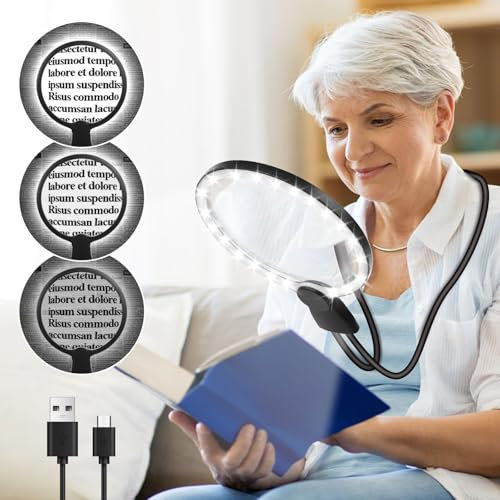NZQXJXZ Upgrade Rechargeable Hands Free Magnifying Glass with Light, Flexible Gooseneck HD Large Magnifier for Reading, 24 LED Adjustment Brightness for Neck Wear Repair Hobby Seniors