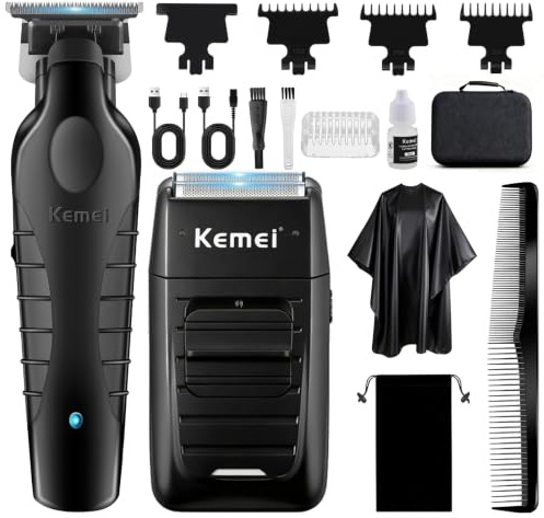 KEMEI Juego de cortadoras de pelo profesionales y afeitadoras de aluminio, cortadoras de pelo inalámbricas para hombres, kit de maquinilla de afeitar eléctrica de peluquería con cuchilla en T