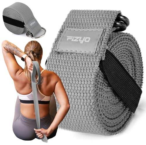 Fizyo Sangle en coton pour yoga, Pilates, fitness, réglable avec boucle en D en métal, 100 % coton, 240 cm de long, idéal pour étirer et maintenir la position, débutant et avancé (gris)