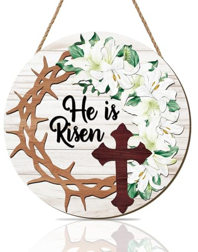 HPNIUB He Is Risen Easter Plaque Cross Crown Thorns Christian Decor