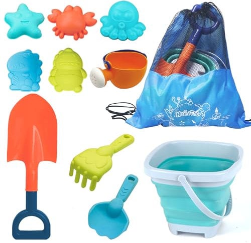Beach Toys Set for Kids -Collapsible Sand Bucket&Mesh Beach Bag and Shovels Sand Rake Toy 11Pcs Set, Animal & Dinosaur Molds,Fork,Rake&Watering Can for Toddlers Ages 3+ (sand toy set)