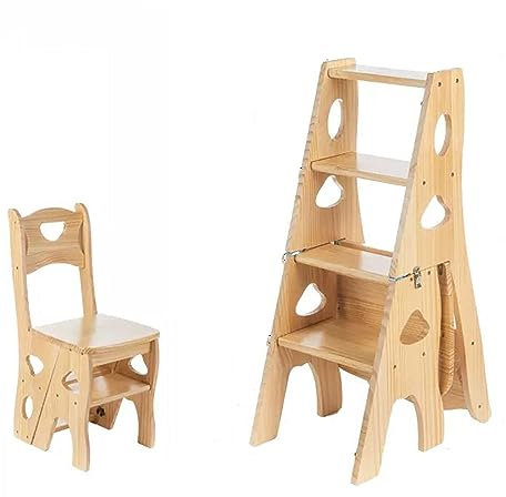 Steps 4 Tier Folding Step Ladder, Convertible Multi-Functional 3-in-1 Wood Ladder Chair, 330 lbs Capacity, Plant Stand Display Ladder and Storage Shelf for Library, Home Kitchen Steps Ladder(Wood)