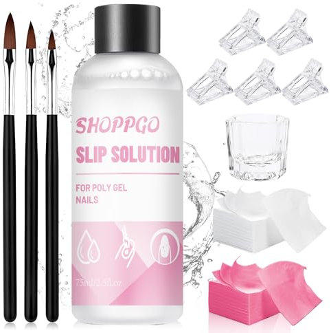 SHOPPGO Slip Solution Acrygel, Soluzione Acrigel per Unghie Kit Completo, 75ML Liquido Acrygel, 3 Pennelli Unghie Gel, 1 Tazza di Cristallo, 100 Fogli di Pulizia, 5 Clip per Manicure
