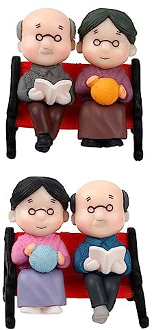 COOPHYA Miniatur Oma Opa Bank Statue Satz Feengartenschmuck Mikrolandschaftsschmuck Für Garten Balkon Tischdekoration Handbemalt Langlebig