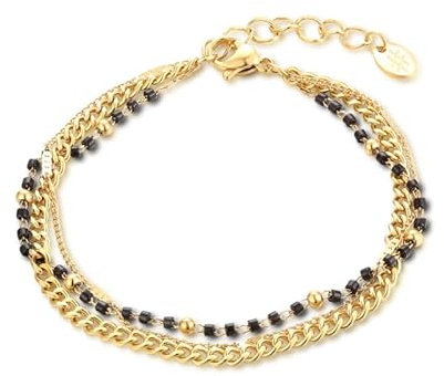 Bracciale Donna a Tre Fili, Catena Dorata con Perline Nere, Design Elegante
