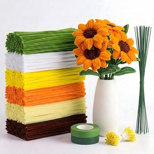 Bloomhüan 600 Stück Pfeifenreiniger Blumen Set | Pfeifenputzer zum Basteln in 6 Farben mit 30 Blumendraht & Geschenkband für Kreative DIY Blumensträuße (Gelb)
