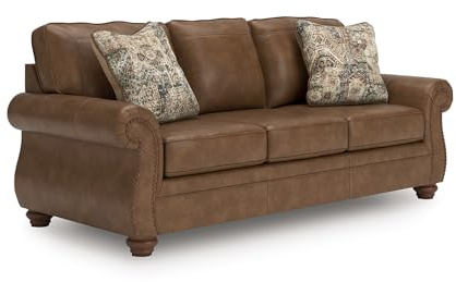 Signature Design by Ashley Shadsburne Rustic Faux Leather Sofa with Nailhead Trim and 2 Throw Pillows, Brown