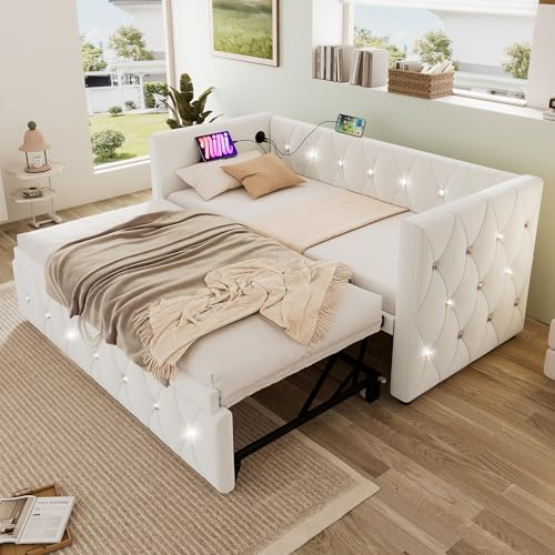 EINHOM Daybed, Single Bed Frame with Trundle, 3ft Sofa Bed with Charging Ports, Pull Out Bed for Living Room and Bedroom, Velvet, (No Mattress) (Beige)