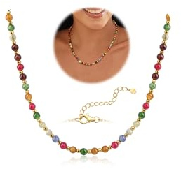 Adramata Perlenkette für Damen Mädchen 5MM Naturstein Ketten 3MM Edelstahlperlen Vergoldet Verstellbar Handgefertigte Kristallkette Sommer Strand Boho Halskette Damen mit Geschenkbox