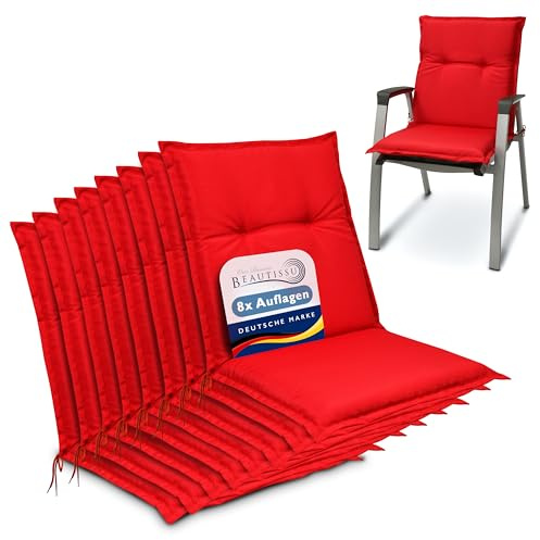 Beautissu 8er Set Niedriglehner Auflagen Sitzkissen für Garten Balkon | 100x50cm 6cm dickes Sitzpolster Rot bequeme Sitzauflage Gartenstuhlauflage Niederlehner Bequemes Camping Stuhl Base NL