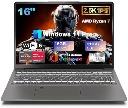 16 inch 2.5K IPS Gaming Laptop, 8 Core AMD Ryzen 7 6800H up to 4.7GHz, 16GB DDR5 512GB SSD, AMD Radeon 680M, Fingerprint, Backlit Keyboard, WiFi 6, Type C, with