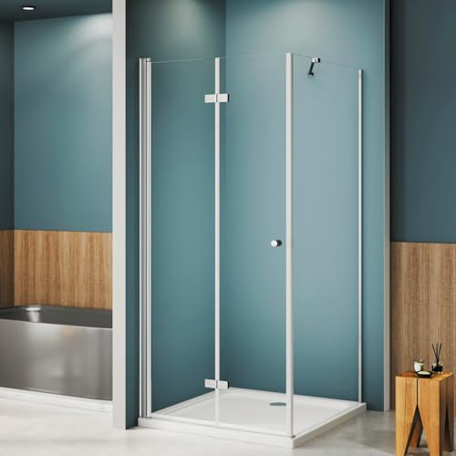 AQUENITH Duschkabine 90x90x185cm Eckeinstieg Falttür Dusche mit Seitenwand | Rahmenlos Eckdusche mit 6mm Sicherheitsglas ESG Klarglas,flexible Montage,Hebe-Senk-System