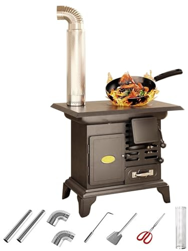 Multifunctional Wood Burner with Oven, Cast Iron Wood Stove with Chimney Pipe, for Fishing, Cooking, Heating, and Drying Clothes