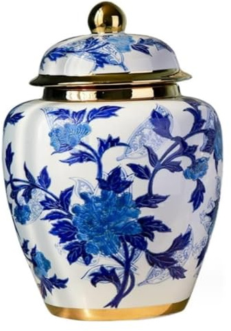 XDLEDMKIZ Vase, Keramikvase, Ingwertopf, Blumenvase, blau-weißes florales Porzellan, Keramik-Tempel-Ingwertopf, dekorative Aufbewahrungsvase, Krug - blau - 19 x 28 cm