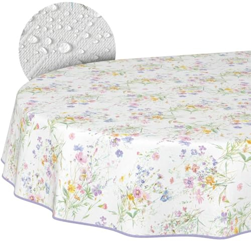 Wachstuchtischdecke Tischdecke abwaschbar Wachstischdecke pflegeleicht wasserabweisend Lotuseffekt Outdoor Wachstuch Frühling Gartentischdecke Blüten Oval 200 x 140 cm mit Saum (Eingefasst)