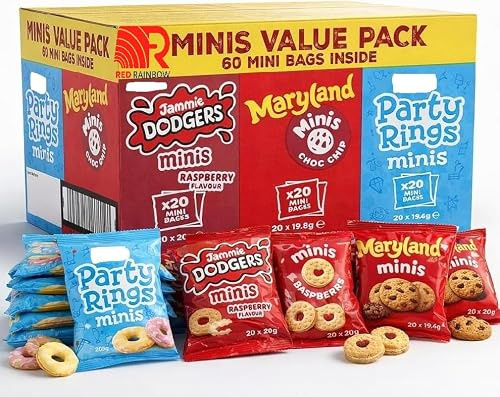 FOX Mini Biscuit Variety Pack 60 Count – Jammie Dodgers, Maryland Cookies & Party Rings Minis – Individually Wrapped Biscuit Snack Packs for Lunchboxes, Parties & Sharing By Red Rainbow