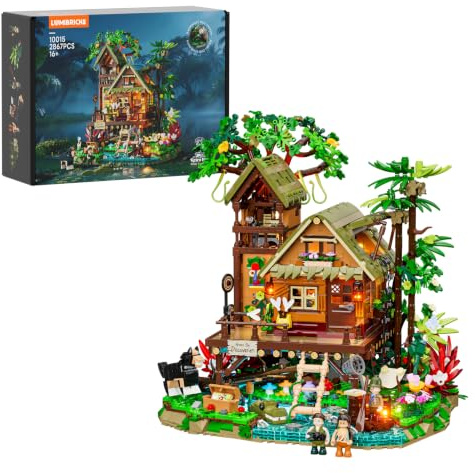 Lumibricks Misty Forest Cabin beleuchtetes Klemmbaustein-Set, 2867 Teile, Tropische Regenwald-Pfahlhütte mit verstecktem Nebelmodul und Glühwürmchen-Beleuchtung, Ausstellungsmodell für Erwachsene