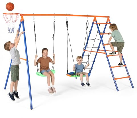 LEADZM Schaukel Outdoor für Kinder mit Klettergerüst, Basketballkorb
