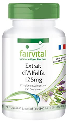 fairvital Compresse di erba medica, 250 compresse, 125 mg di estratto di erba medica per compressa, Medicago sativa (erba medica), VEGANO